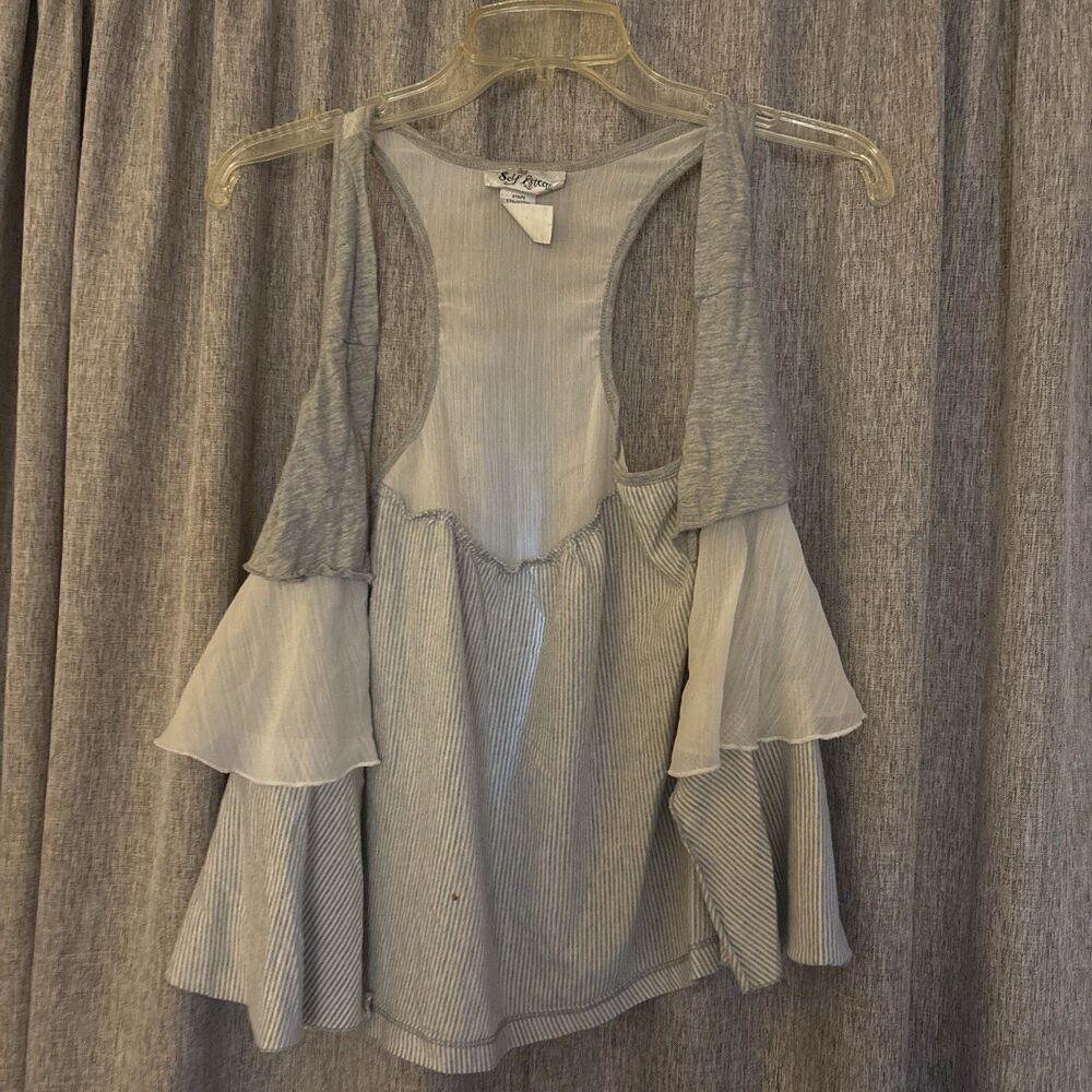 Self Esteem Gray White Striped Chiffon Ruffle Tunic Blouse Sleeveless M